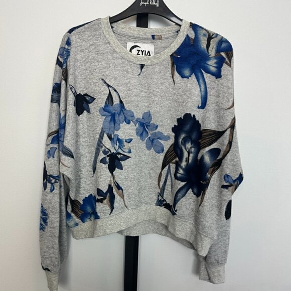 Nwot - Zyia Active - Grey/Blue Flora Sweatshirt - Size L - Picture 2 of 7
